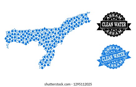 Map of Assam State vector mosaic and clean water grunge stamp. Map of Assam State formed with blue water dews. Seal with corroded rubber texture for clean drinking water.