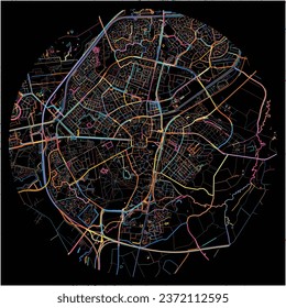 Map of Assen, Drenthe with all major and minor roads, railways and waterways. Colorful line art on black background.