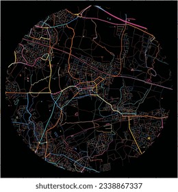 Map of Atherton, North West England with all major and minor roads, railways and waterways. Colorful line art on black background.