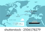 Map of the Atlantic Ocean passenger liner RMS Titanic route from Southampton to New York. Vector illustration