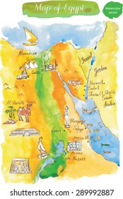 Map of attractions Egypt, watercolor, hand drawn