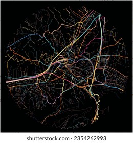 Mapa de Aubagne, Bouches-du-Rhône con todas las carreteras principales y menores, ferrocarriles y vías fluviales. Coloridas líneas de arte sobre fondo negro.