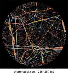 Map of Aubervilliers, Seine-Saint-Denis with all major and minor roads, railways and waterways. Colorful line art on black background.