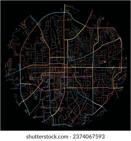 Mapa de Auburn, Alabama con todas las carreteras principales y menores, ferrocarriles y vías fluviales. Coloridas líneas de arte sobre fondo negro.