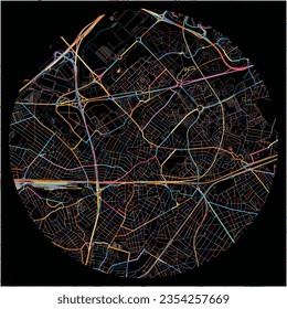 Map of Aulnay-sous-Bois, Seine-Saint-Denis with all major and minor roads, railways and waterways. Colorful line art on black background.