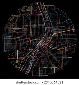 Map of Aurora, Illinois with all major and minor roads, railways and waterways. Colorful line art on black background. svg