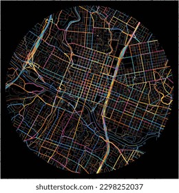 Karte von Austin, Texas mit allen wichtigen und kleineren Straßen, Eisenbahnen und Wasserstraßen. Farbige Linienkunst auf schwarzem Hintergrund.