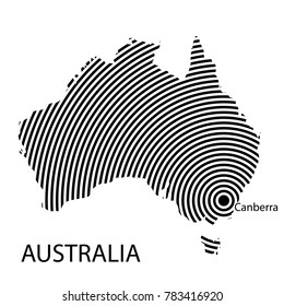 Map of Australia. Abstract black and white striped map of the country with the designation of the capital. Isolated on white background.