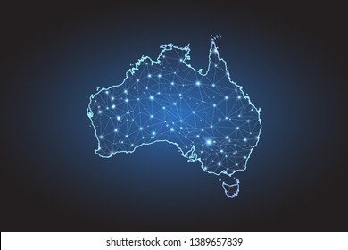 Map of Australia - Abstract mash line and point scales on circuit dark background. Wire frame 3D mesh polygonal network line, design sphere, dot and structure. Vector illustration eps 10.