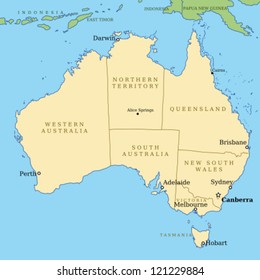 Map of Australia with all important cities and administrative division into states