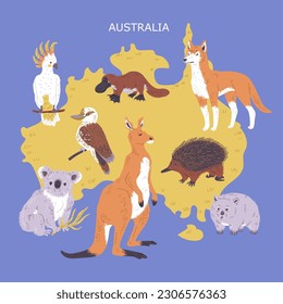 Map of Australia and Australian animals, flat vector illustration. Poster template with native animals of Australia - kangaroo, koala, wombat, cockatoo, echidna and platypus.