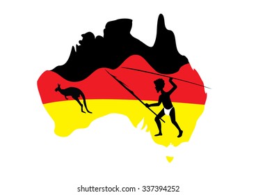 map of Australia in black red and yellow with a aboriginal man with a spear