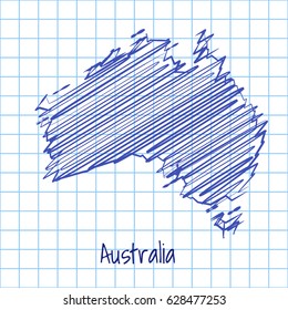 Map Of Australia, Blue Sketch Abstract Background. The Hand Drawn Map On School Grid Background Texture. Scribble Pan Vector Illustration