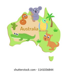 Map of Australia with cartoon animals for kids.