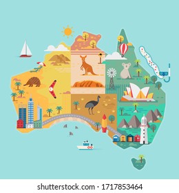 Map of Australia. Colorful landmarks. Vector illustration