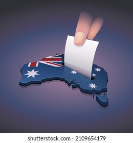 Map of Australia in the colors of the Australian flag with a hand dropping a ballot into a slot on a dark background
