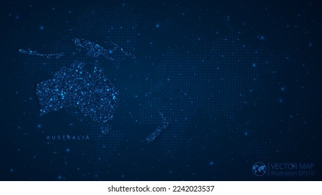 Map of Australia Continent modern design with polygonal shapes on dark blue background. Business wireframe mesh spheres from flying debris. Blue structure style vector illustration concept.
