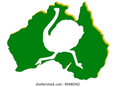 Map of Australia with the contour of the running ostrich. The illustration on white background.