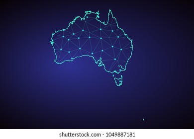 Map Australia from the contours network blue, luminous space stars of vector illustration