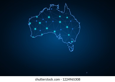 Map Australia from the contours network blue, luminous space stars of vector illustration