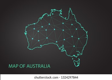 Map Australia from the contours network blue, luminous space stars of vector illustration - Vector