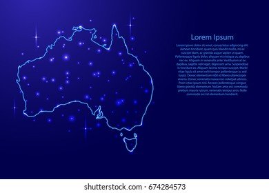 Map Australia from the contours network blue, luminous space stars of vector illustration