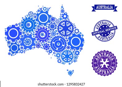 Map of Australia created with blue gear symbols, and isolated grunge seals for official repair services. Vector abstract mosaic of map of Australia with technical symbols in blue color tones.