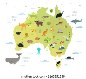 Map of Australia with cute cartoon animals living on it. Funny cartoon mammals, reptiles, birds inhabiting Australian continent. Colorful vector illustration in flat style for educational poster.