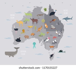 Map of Australia with cute cartoon animals living on it. Funny cartoon mammals, reptiles, birds inhabiting Australian continent. Colorful vector illustration in flat style for educational poster.