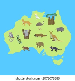 Map of Australia with cute funny cartoon animals. Hand drawn vector illustration for educational posters