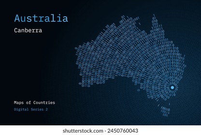 Eine Karte Australiens, dargestellt in Nullen und Einsen in Form eines Kreises. Die Hauptstadt Canberra ist im Zentrum des Kreises dargestellt	