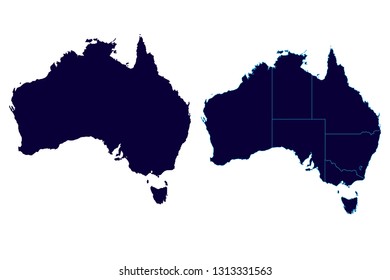 Map of Australia. Detailed vector map with counties, regions, province, states. Blue shape/contour map of Australia. - Vector