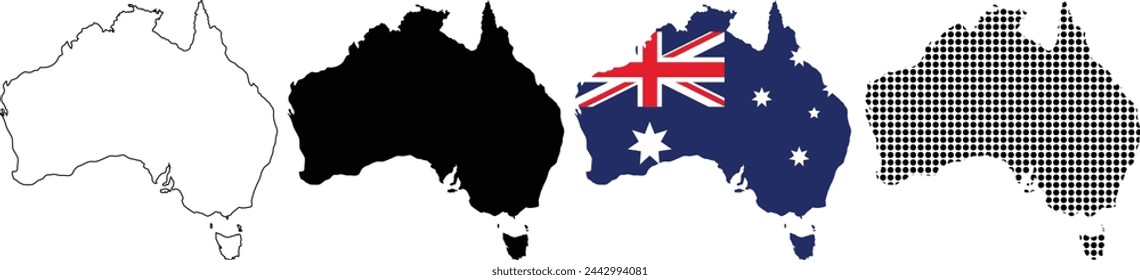 Map of Australia with different style outline, black, flag, dotted style