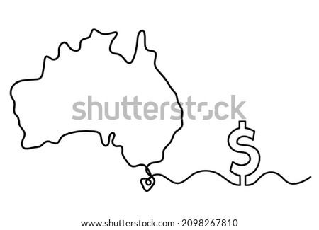 Map of Australia with dollar as line drawing on white background. Vector