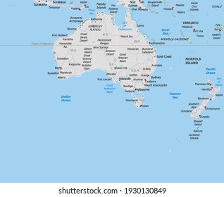Map of Australia. Map is drawn in high detail and for clarity shows only major cities. Country is drawn with neighboring countries.