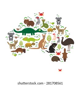 map of Australia. Echidna Platypus ostrich Emu Tasmanian devil Cockatoo parrot Wombat snake turtle crocodile kangaroo dingo octopus fish. Vector illustration