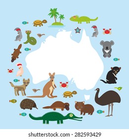 map of Australia. Echidna Platypus ostrich Emu Tasmanian devil Cockatoo parrot Wombat snake turtle crocodile kangaroo dingo octopus fish. Vector illustration