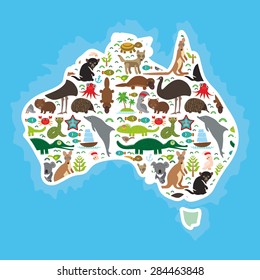 map of Australia. Echidna Platypus ostrich Emu Tasmanian devil Cockatoo parrot Wombat snake turtle crocodile kangaroo dingo octopus fish. Vector illustration