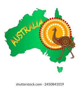 Map of Australia with emu and sun on white background. Australian continent with ostrich. Australia Aboriginal day. Naidoc week. Union jack. Reconciliation Day.Travel to australia poster design.Vector