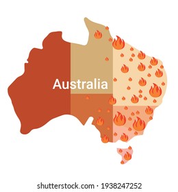 map of Australia with fire symbols bushfires seasonal wildfires global warming natural disaster concept orange flames icons flat