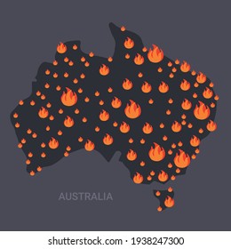 map of Australia with fire symbols bushfires seasonal wildfires global warming natural disaster concept orange flames icons flat
