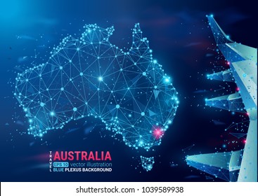 Map Of Australia. Floating Blue Plexus Geometric Background. Abstract Vector Illustration. High Tech, Communications And Travel. Effect Of Motion Luminous Particles And Points. Continent And Airplane.