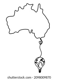 Map of Australia with globe lightbulb as line drawing on white background. Vector