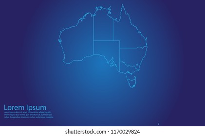 Map of australia - With glowing point and lines scales on the dark gradient background. australia map with country borders, thin Blue outline on Dark background.