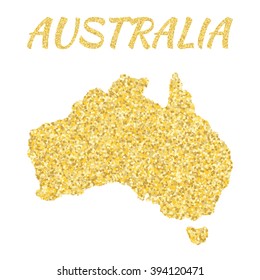 Map of  Australia in golden. With gold yellow particles and dots. Glitter background. Vector illustration.