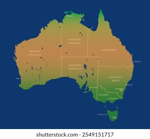 Mapa da Austrália em cor de gradiente no fundo azul escuro, ilustração vetorial isolado, eps