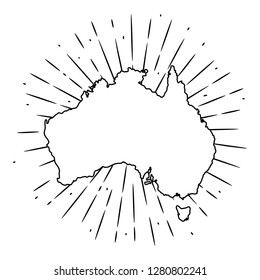 Map of Australia. Hand drawn vector illustration with a map of the Australia and divergent rays. Used for poster, banner, web, t-shirt print, bag print, badges, flyer, logo design and more. 