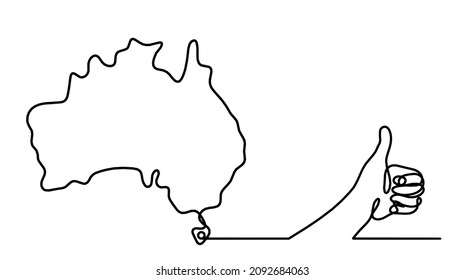 Mapa de Australia con la mano "ok" como dibujo de línea sobre fondo blanco. Vector
