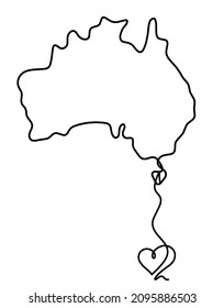 Karte von Australien mit Herz als Linie auf weißem Hintergrund. Vektorgrafik