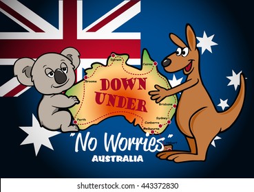 Map of Australia with Koala Kangaroo and flag .